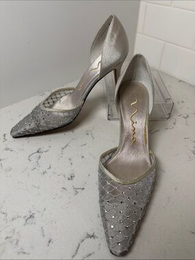 Nina Silver Rhinestone Quilted Pointed-Toe D'Orsay Heels Size 6